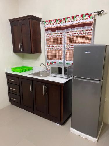 eine Küche mit einem Kühlschrank und einer Mikrowelle in der Unterkunft Hagley Park Villa 