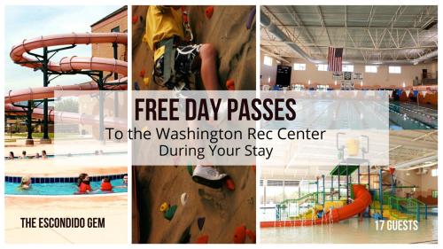 a collage of photos of a swimming pool and a climbing wall at The Escondido Gem, Pet Friendly, Pickleball Courts in Washington