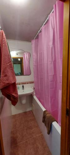 a bathroom with a pink shower curtain and a sink at Apartment on Patriarkha Mstyslava Skrypnyka Street in Kyiv
