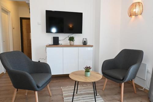 two chairs and a table in a living room with a tv at Apartman Krinka in Vrnjačka Banja