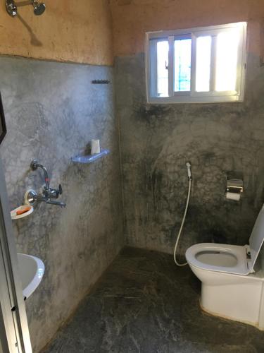 a bathroom with a toilet and a sink and a window at Mountain View Eco Farm in Rānīpauwa