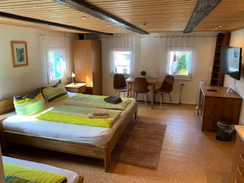 1 dormitorio con 1 cama, mesa y sillas en Haus Bergfriede, en Bad Schandau