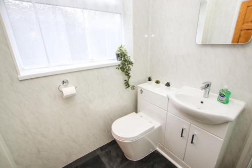 a bathroom with a toilet and a sink and a window at Modern, stylish city centre 3 bed property sleeps 6 in Lincoln