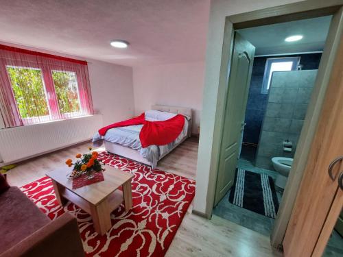 a small room with a bed and a bathroom at Vinarija Stojanovic in Slankamenački Vinogradi