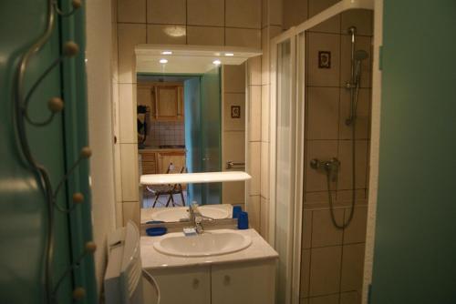 une salle de bain avec un lavabo et une douche dans l'établissement HAMEAU DU RIVAGE maison en Duplex en rez de jardin, residence avec piscine , proche plage, parking privatif, à Saint-Cyprien