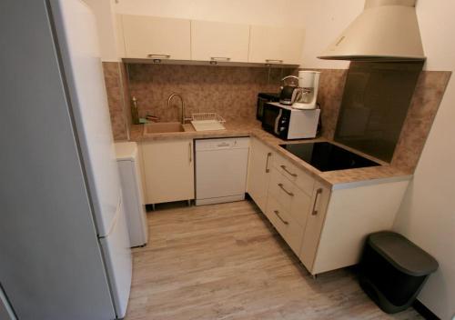 een kleine keuken met een spoelbak en een magnetron bij Entre Port historique et Calanques in La Ciotat