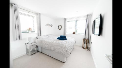 een witte slaapkamer met een bed en 2 ramen bij Brand New Beachfront Ground floor with garden 2 Bed apartment 6 Guests in Bournemouth