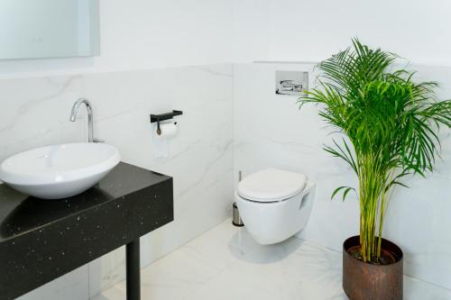 a bathroom with a sink and a toilet and a plant at Lamede SELF CHECK-IN in Wiener Neustadt