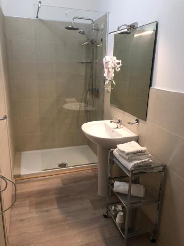 a bathroom with a sink and a shower at Prealpina Hotel in Bagnolo Piemonte