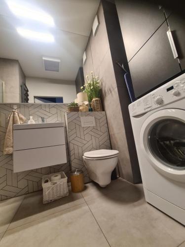 a bathroom with a toilet and a washing machine at Posnania Comfort Apartment, free parking, self check-in 24h in Poznań