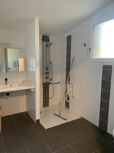 La salle de bains est pourvue d'une douche et d'un lavabo. dans l'établissement Auberge de jeunesse HI Millau La Maladrerie, à Millau