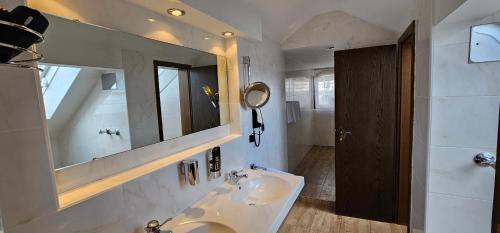 a bathroom with a sink and a mirror at Schwaben Hotel Ebnisee in Ebni