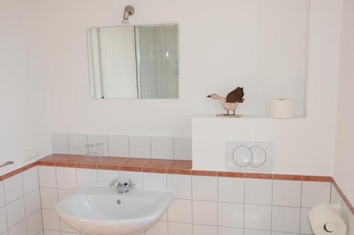 ein Badezimmer mit einem Waschbecken und einem Vogel auf einem Regal in der Unterkunft Domy Letniskowe Mamry in Angerburg