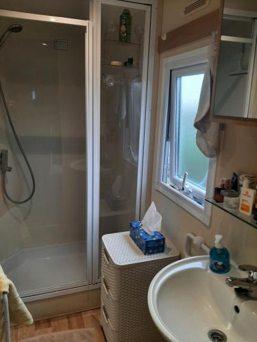une salle de bain avec douche et lavabo dans l'établissement Normandie 3 chambres Plages débarquement Mobile home, à Litteau