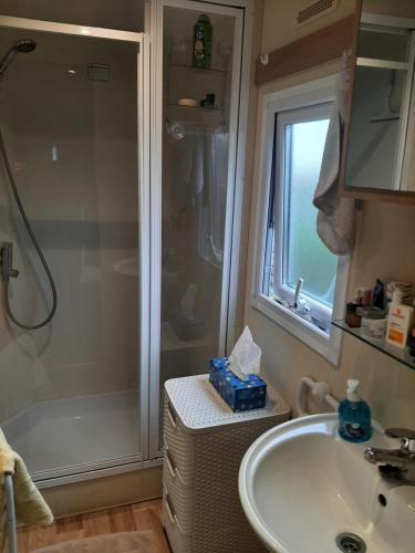 a bathroom with a shower and a sink at Normandie 3 chambres Plages débarquement Mobile home in Litteau