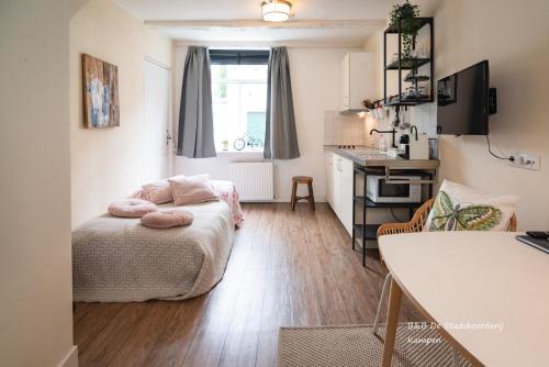 a small room with a bed and a kitchen at De Stadsboerderij in Kampen