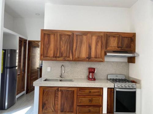 a kitchen with wooden cabinets and a stove top oven at Casita con Alberca en San Fran. in San Francisco