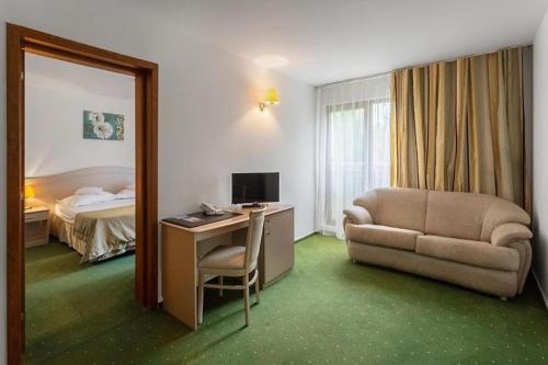 a hotel room with a desk and a chair and a bed at Bran Brad Bega by Steaua de Mare in Eforie Nord