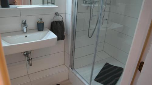 a bathroom with a sink and a shower at Ferienhaus Knippschild in Norderney