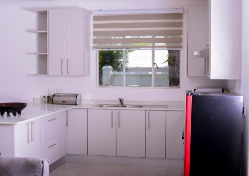 Johannesburg的住宿－The African Element，厨房配有白色橱柜和黑色冰箱。