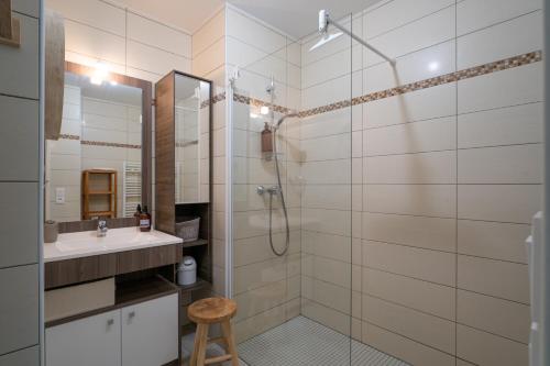 uma casa de banho com um chuveiro e um lavatório. em Côté Port - Appt sortie privée vers le port em Arcachon