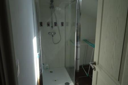 een douche met een glazen deur in de badkamer bij Cottage Ker Bunny à Feraillou 