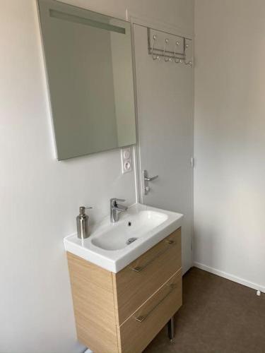 une salle de bain avec un lavabo et un miroir dans l'établissement Appartement en plein cœur historique de Dinan, à Dinan