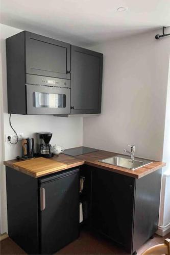 une cuisine avec un évier et un micro-ondes dans l'établissement Appartement en plein cœur historique de Dinan, à Dinan
