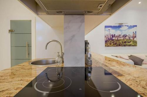 eine Küche mit einer Spüle und einer Arbeitsplatte in der Unterkunft Boutique Soho Apartment in Budapest