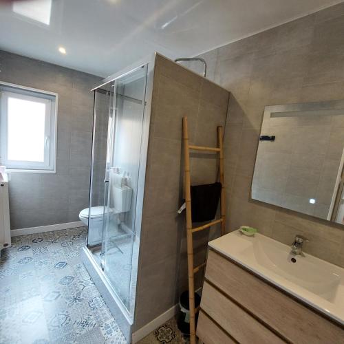 une salle de bain avec une douche en verre et un lavabo dans l'établissement Le chant des mouettes a 300 m de la mer et du port, à Fécamp