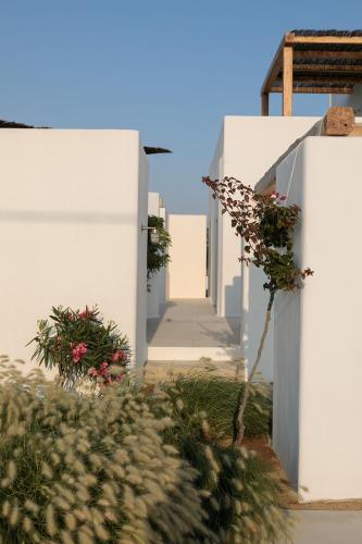 a corridor of white buildings with flowers and plants at Alio Naxos Luxury Suites in Agios Georgios
