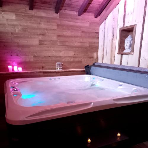 un jacuzzi dans une pièce aux murs en bois dans l'établissement La Grande Ferme, à La Chapelle