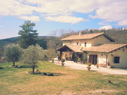 a house with a dog sitting in the yard at Agriturismo Santa Giusta in Poggio San Lorenzo
