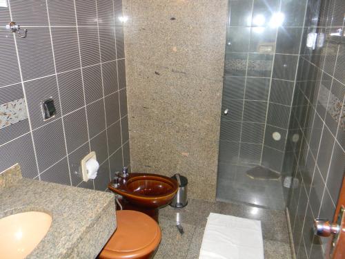 a bathroom with a brown toilet and a shower at Hotel Americano in Rio de Janeiro