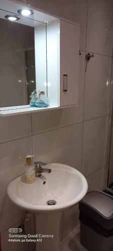 a bathroom with a white sink and a mirror at очаровательная квартира на берегу моря in Áyios Spirídhon