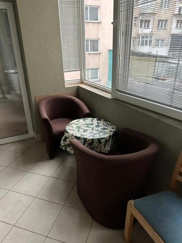 uma sala de estar com uma cadeira, uma mesa e uma janela em Spacious 2 BR in Heart of Skopje em Skopje
