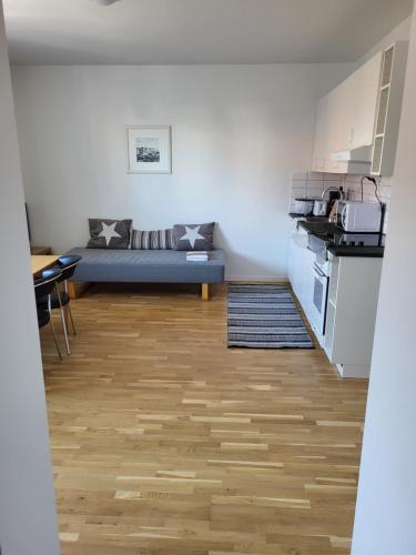 ein Wohnzimmer mit einem Sofa und einer Küche in der Unterkunft VillaNova in Lund