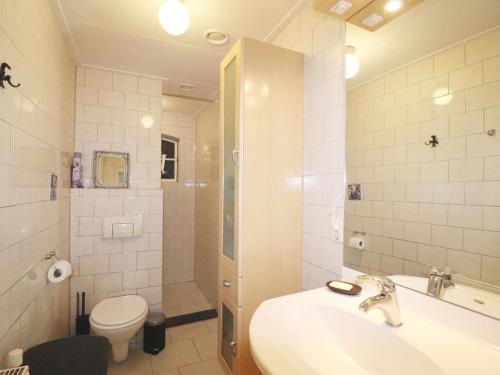 ein Bad mit einem Waschbecken, einem WC und einer Dusche in der Unterkunft Welcoming holiday home in Donkerbroek with parking in Donkerbroek