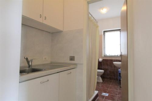 a small kitchen with a sink and a toilet at Apartments with pool Albina in Umag