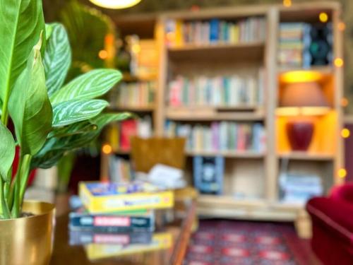 a library with a potted plant and books at L'Indépendance - Cottage - Château Le Bas Bleu in Quesnoy-le-Montant