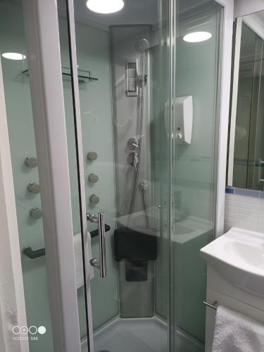 a bathroom with a glass shower and a sink at VuT Dalia in Avila