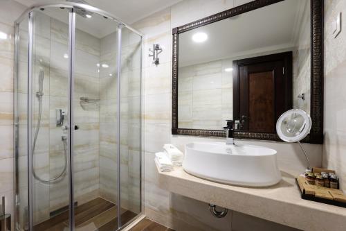 a bathroom with a sink and a shower at Armaco Residence in Koprivshtitsa