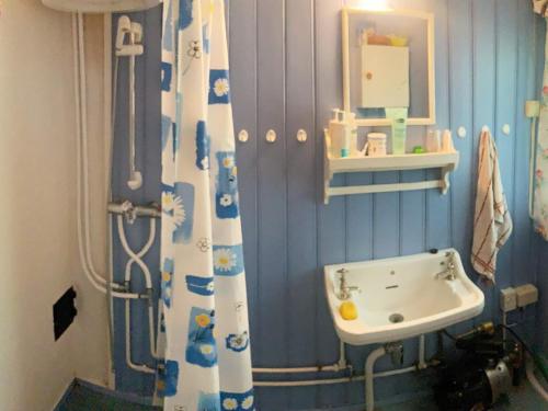 a bathroom with a sink and a shower curtain at Holiday home Aurdal in Aurdal