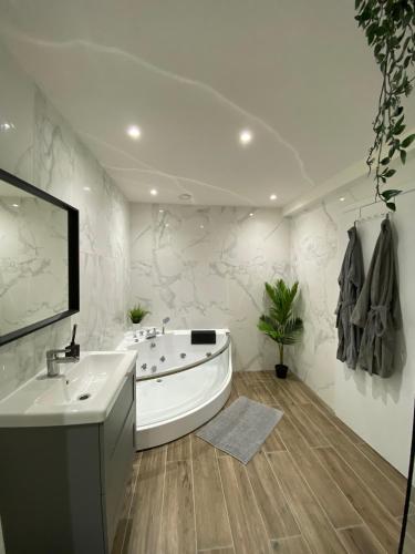 Un baño de Capsule Groovy-Jacuzzi-Sauna-Billard-Netflix- Nintendo Switch & Jeux