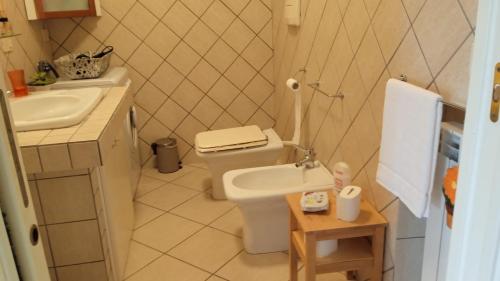 La petite salle de bains est pourvue de toilettes et d'un lavabo. dans l'établissement A casa da Ivana, à Vasto