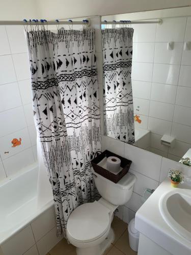 a bathroom with a toilet and a shower curtain at Casa de la Ribera Rengo in Valdivia