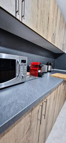 un forno a microonde su un bancone in cucina di Piso turístico Cassa de selva a Cassà de la Selva