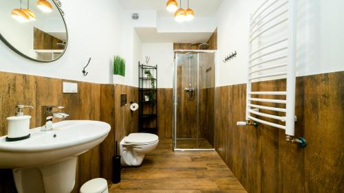 a bathroom with a sink and a toilet and a shower at Triventi Mountain Residence, Sun & Snow in Karpacz