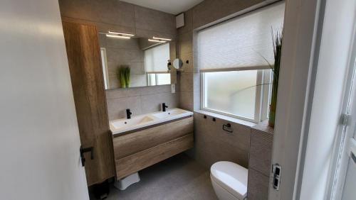 een badkamer met een wastafel, een toilet en een raam bij Schorrebloem 2 in Nieuwvliet