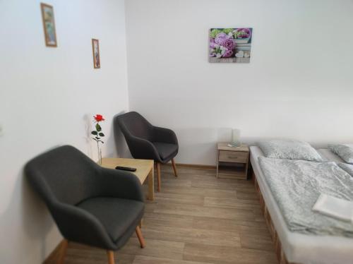 a bedroom with two chairs and a bed and a table at Penzion U Hradeb in Znojmo